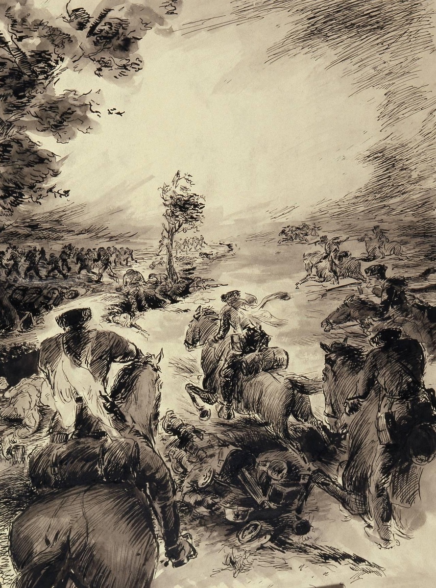 Резников Василий Степанович. «Кавалерийская атака». 1945. Бумага, тушь