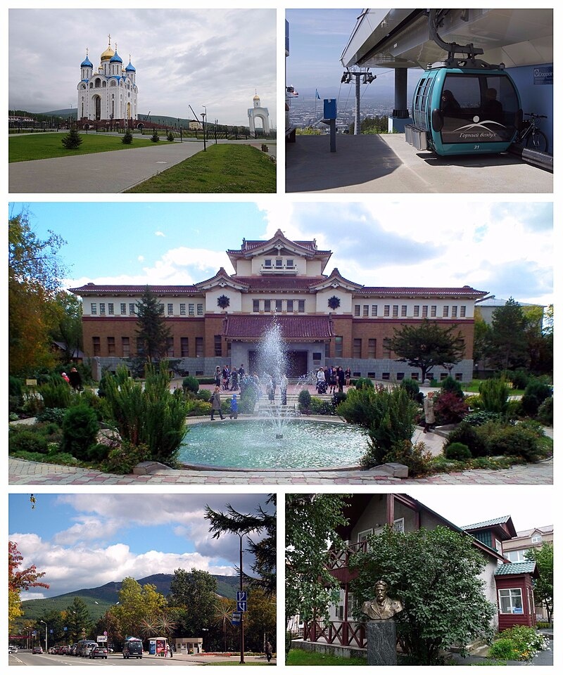 Построчно, слева направо: Рождественский собор, горнолыжный комплекс «Горный воздух», Краеведческий музей, вид на сопки, старое здание Музея книги Чехова
