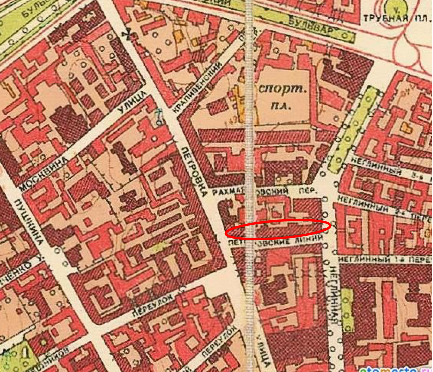 Карта Москвы 1952 г. Мосгоргеотреста. Фрагмент. Красным цветом примерно обозначено местоположение Объекта. Источник: http://www.etomesto.ru/map-moscow_1951/