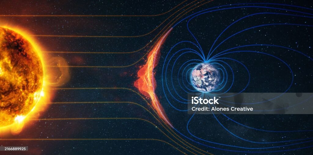    Earth's magnetic field. Sun-Earth connection space weather. Blasts of perticles and magnetic field from the sun impact magnetosphere. Magnetic bubble around the Earth. plasma Редакция газеты