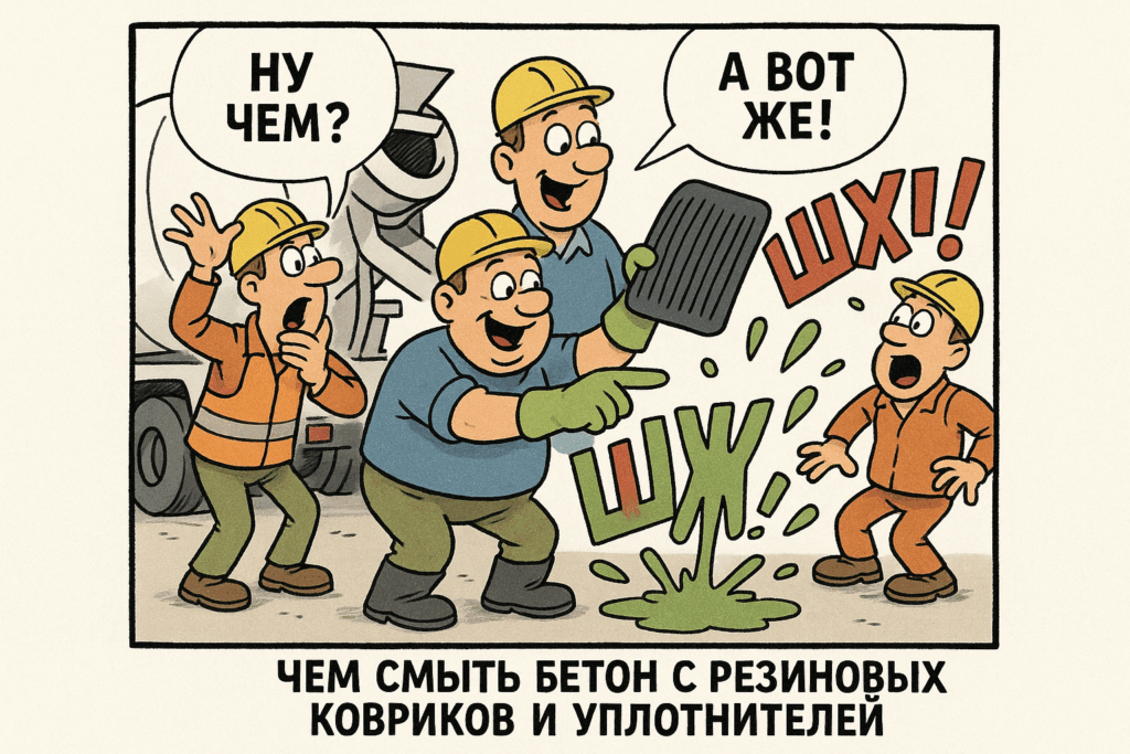    На фото демонстрация эффективного удаления бетона с резиновых ковриков и уплотнителей.