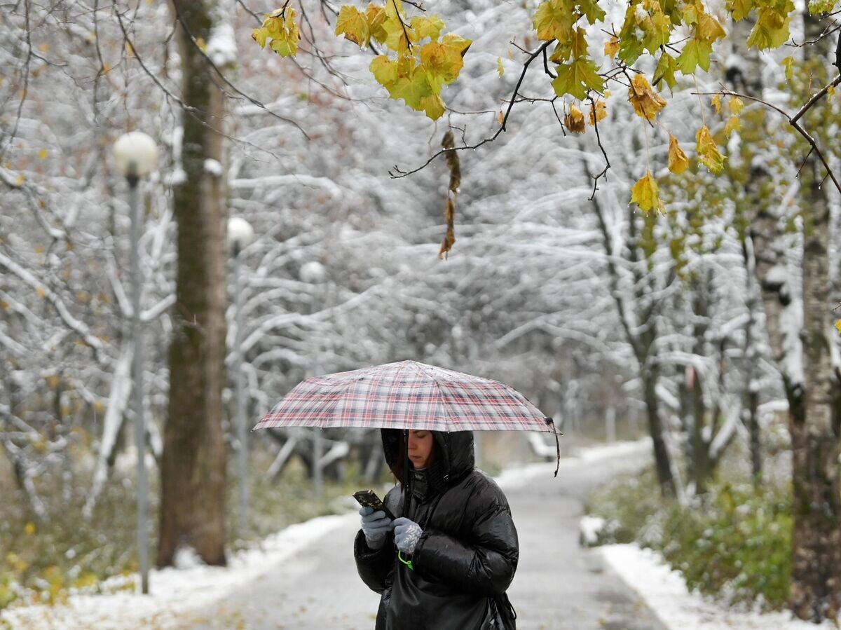    Девушка во время дождливой погоды в парке Северное Тушино в Москве© РИА Новости / Максим Блинов