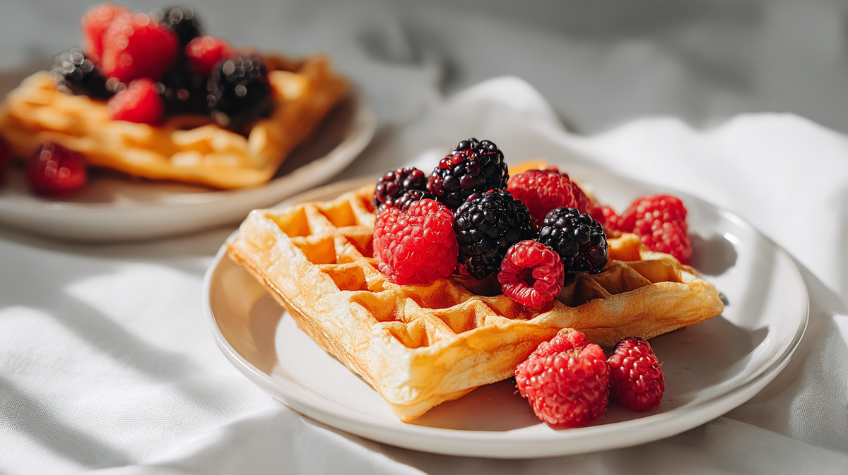 «Две порции кето-вафель на белых тарелках, украшенные свежей малиной и ежевикой. Светлое утро, мягкий естественный свет, сервировка на белой скатерти»