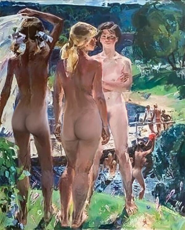 ВЕРСИЯ В ЖАНРЕ " НЮ " КАРТИНЫ ХУДОЖНИКА ЖЕМЕРИКИНА ВЯЧЕСЛАВА ФЕДОРОВИЧА " ЛЕТО " 1974 ГОД