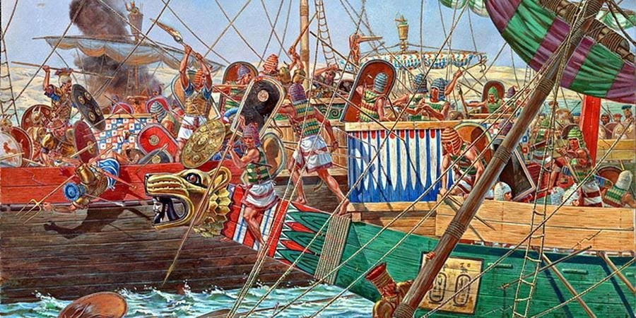 Сражение египтян с представителями «народов моря» в дельте Нила. Рис. Игоря Дзыся