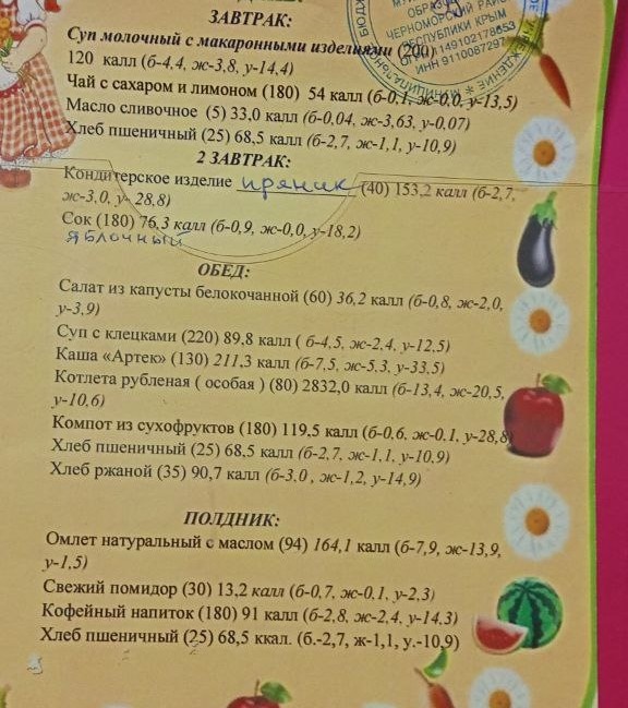 меню у дочки в садике