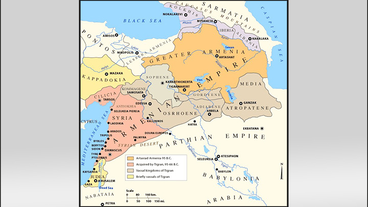    Первоисточник карты: Роберт Х. Хьюсен "Армения: исторический атлас". Издательство Чикагского университета, 2001 ISBN 978-0-226-33228-4. Карта 20 (Империя Тиграна Великого, 95-66 гг. до н. э.), стр. 34.