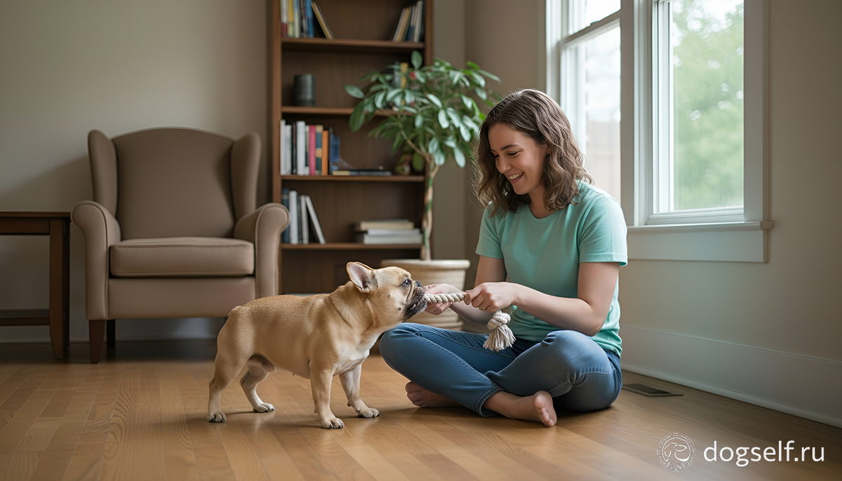 Первый тренажёр в нашем «ментальном зале» — перетяжки. Здесь качают не мышцы, а самую важную «мышцу» — самоконтроль | Хозяин весело играет в перетяжки со своим французским бульдогом | Изображение: DogSelf