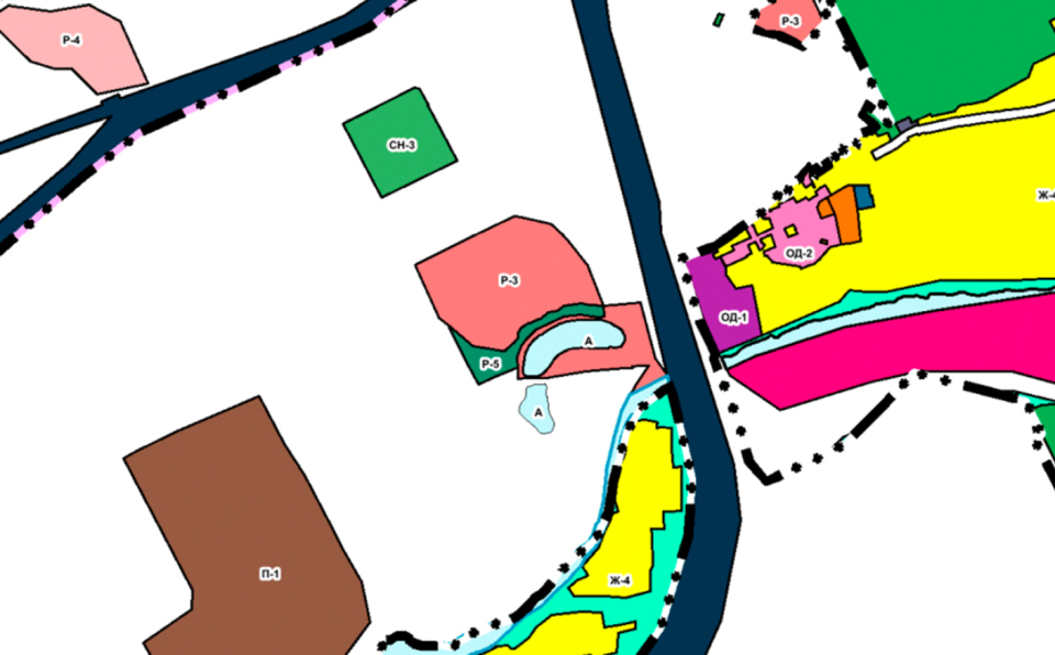    Озеро Пионерское у шоссе Ленточный бор. Фрагмент карты градостроительного зонирования. Источник: "Гипрогор"