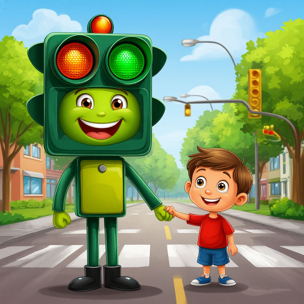 Жил-был в большом городе Светофор. Он стоял на перекрёстке и каждый день помогал машинам и людям понимать, когда идти, а когда подождать.
У Светофора было три глаза: красный, жёлтый и зелёный. Каждый глаз говорил по-своему:
Красный — «Стой!»
Жёлтый — «Приготовься!»
Зелёный — «Иди!»
А рядом с ним часто проходил маленький пешеход — мальчик по имени Ваня. Ваня был любопытным, ему всегда хотелось быстрее перебежать дорогу.
Однажды Ваня решил:
— Зачем ждать? Машины ведь ещё далеко, успею перебежать на красный!
И только он сделал шаг, как услышал строгий голос Светофора:
— Стой, Ваня! Красный глаз горит, опасно выходить на дорогу. Машины едут быстро, и они не смогут сразу остановиться.
Ваня остановился и задумался. Через мгновение зажёгся жёлтый глаз.
— Это предупреждение, — сказал Светофор. — Скоро я помогу тебе перейти, но будь терпелив.
И вот загорелся зелёный. Светофор улыбнулся:
— Теперь можно идти спокойно. Водители остановились, и дорога безопасна.
Ваня перешёл дорогу и радостно сказал:
— Спасибо, Светофор! Теперь я понял: правила — это не для того, чтобы мешать, а чтобы защищать.
С тех пор Ваня всегда ждал зелёного света и даже стал помогать другим детям:
— Стой! Подожди! Сейчас загорится зелёный — и тогда пойдём вместе.
А Светофор гордился своим маленьким другом и подмигивал ему зелёным глазом.
Тот, кто слушает Светофор и соблюдает правила дороги, бережёт свою жизнь и жизнь других.
 