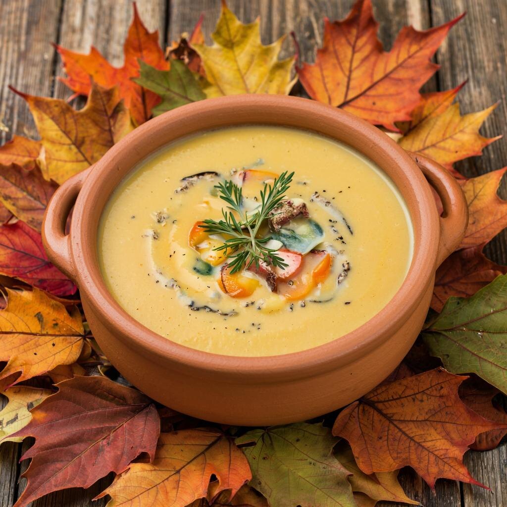 Приготовим приготовить осенний овощной суп-пюре. Это идеальное блюдо для начала осени, когда хочется согреться и насладиться вкусом свежих овощей.

 Ингредиенты:

- Картофель — 2 шт.
- Морковь — 1 шт.
- Кабачок — 1 небольшой
- Тыква — 200 г
- Лук репчатый — 1 шт.
- Чеснок — 2 зубчика
- Оливковое масло — 2 ст.л.
- Вода или овощной бульон — 1 л
- Соль, перец — по вкусу
- Свежая зелень (укроп, петрушка)
- Сливки или сметана — для подачи (по желанию)

 Приготовление:

1. Очистите картофель, морковь, кабачок и тыкву. Нарежьте небольшими кубиками.
2. Лук мелко нарежьте, чеснок измельчите.
3. Разогрейте оливковое масло в кастрюле, обжарьте лук и чеснок до золотистого цвета.
4. Добавьте нарезанные овощи, обжаривайте пару минут.
5. Залейте водой или овощным бульоном, доведите до кипения.
6. Варите на среднем огне около 20 минут, пока овощи не станут мягкими.
7. Измельчите суп блендером до состояния пюре.
8. Посолите, поперчите по вкусу.
9. Подавайте горячим, украсив свежей зеленью и добавив сливки или сметану.

Приятного аппетита!