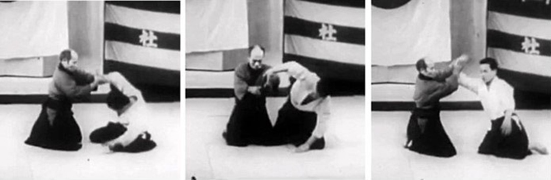 Уэсиба Морихэй демонстрирует никё, санкё и котэ-гаэси в сувари-вадза. Кадры из фильма «Будо», записанный в додзё издательства «Асахи» в Осаке (1935г.). В роли укэ Юкава Цутому.