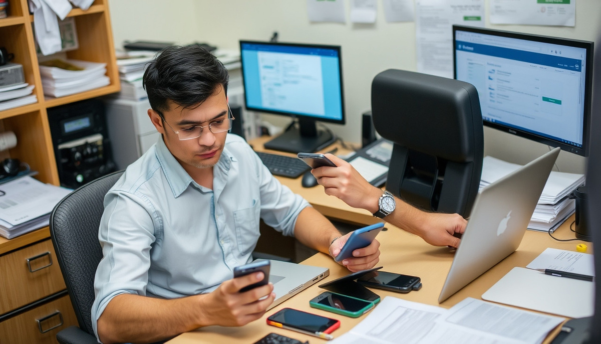    Концепция проверки безопасности аккаунтов, изображающая человека с ноутбуком и телефонами.