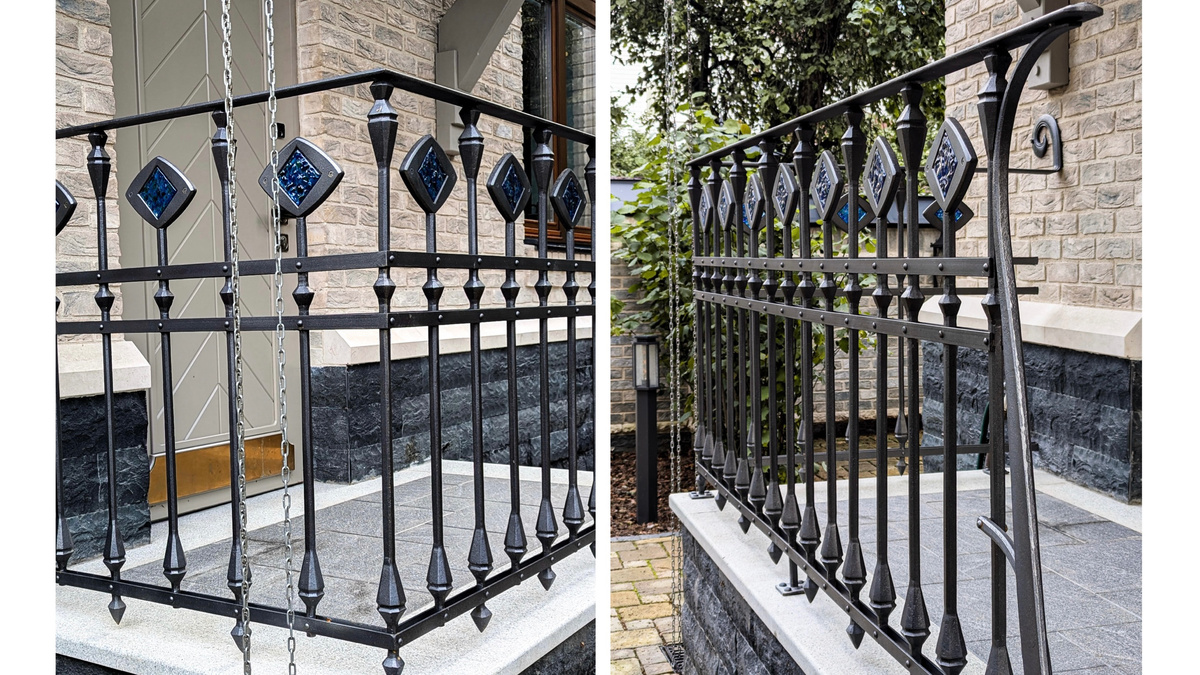 Кованое ограждение с фьюзинговым стеклом.