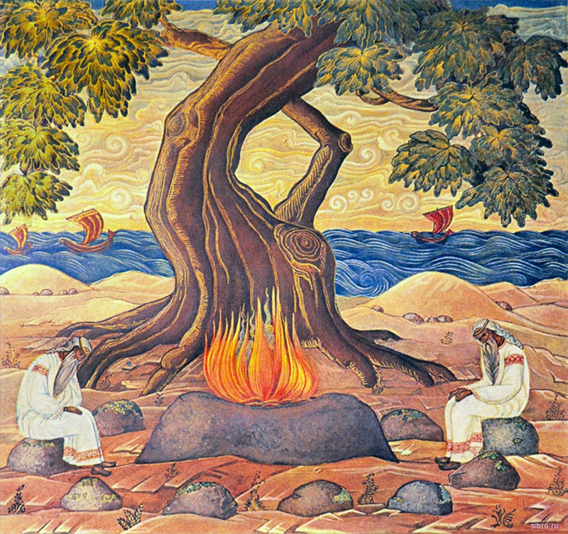 иллюстрация славянского пантеона, на которой изображено священное дубовое дерево, символизирующее связь между мирами, в окружении символов таких божеств, как Перун, Велес, Мокошь, Дажбог, Сварог и Лада.