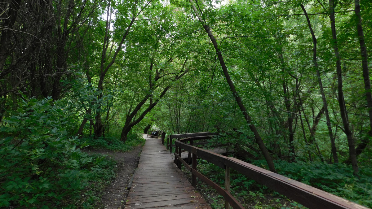 Лестница, спуск на мосток вдоль реки