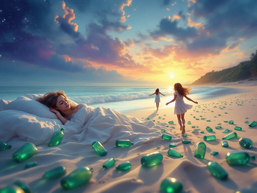    К чему такое снится: На картине изображен песчаный пляж, по которому бежит маленькая девочка. Впереди неё раскиданы разбитые зелёные стеклянные бутылки, которые она старательно обходит.