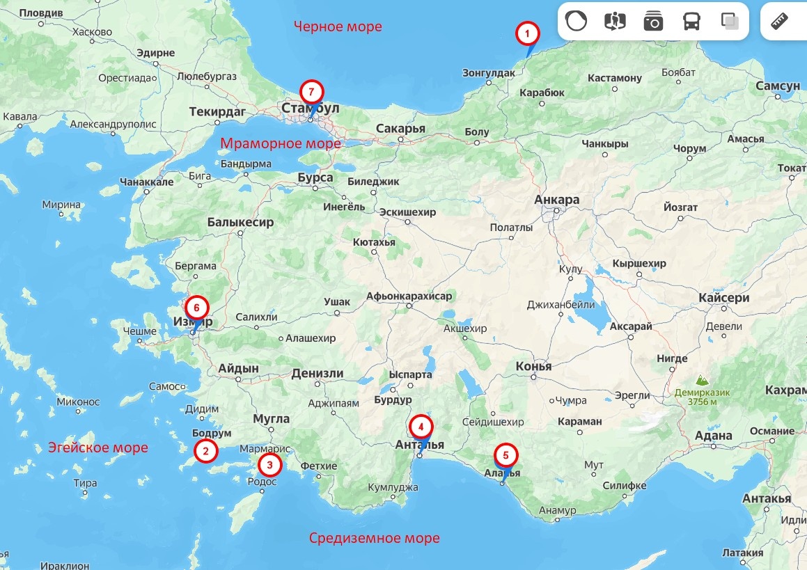 На этой карте отметила все города стоянок лайнера. Цифра 1 - это Амасра, маленький и очень уютный городок на Черноморском побережье Турции.