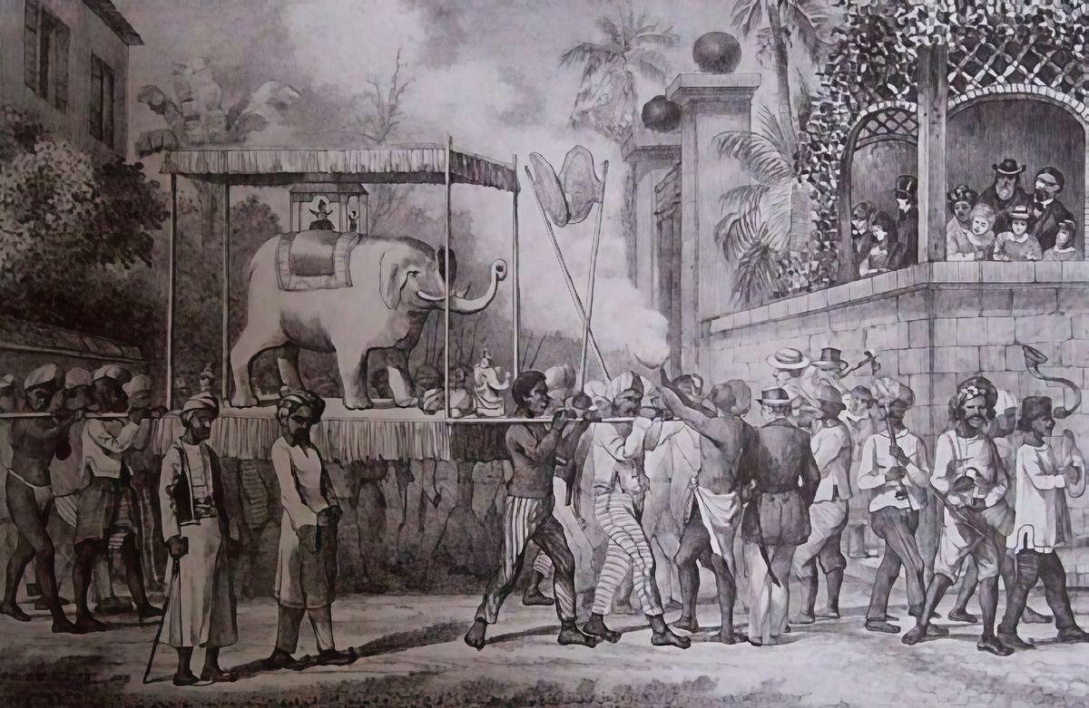 Индуистский праздник среди индийских наёмных рабочих на острове Реюньон (XIX век). Источник: Wikipedia