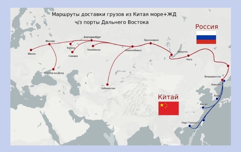 Маршрут комбинированной доставки контейнеров из Китая в города России через порты Дальнего Востока