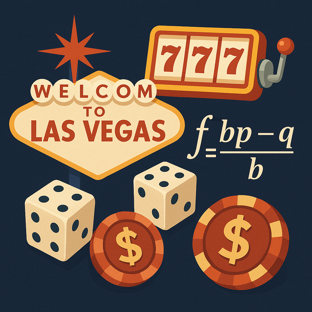 Иллюстрация сочетает атмосферу Лас-Вегаса с элементами азартных игр и формулой Келли, показывая связь между игрой, вероятностями и математическим подходом к ставкам.