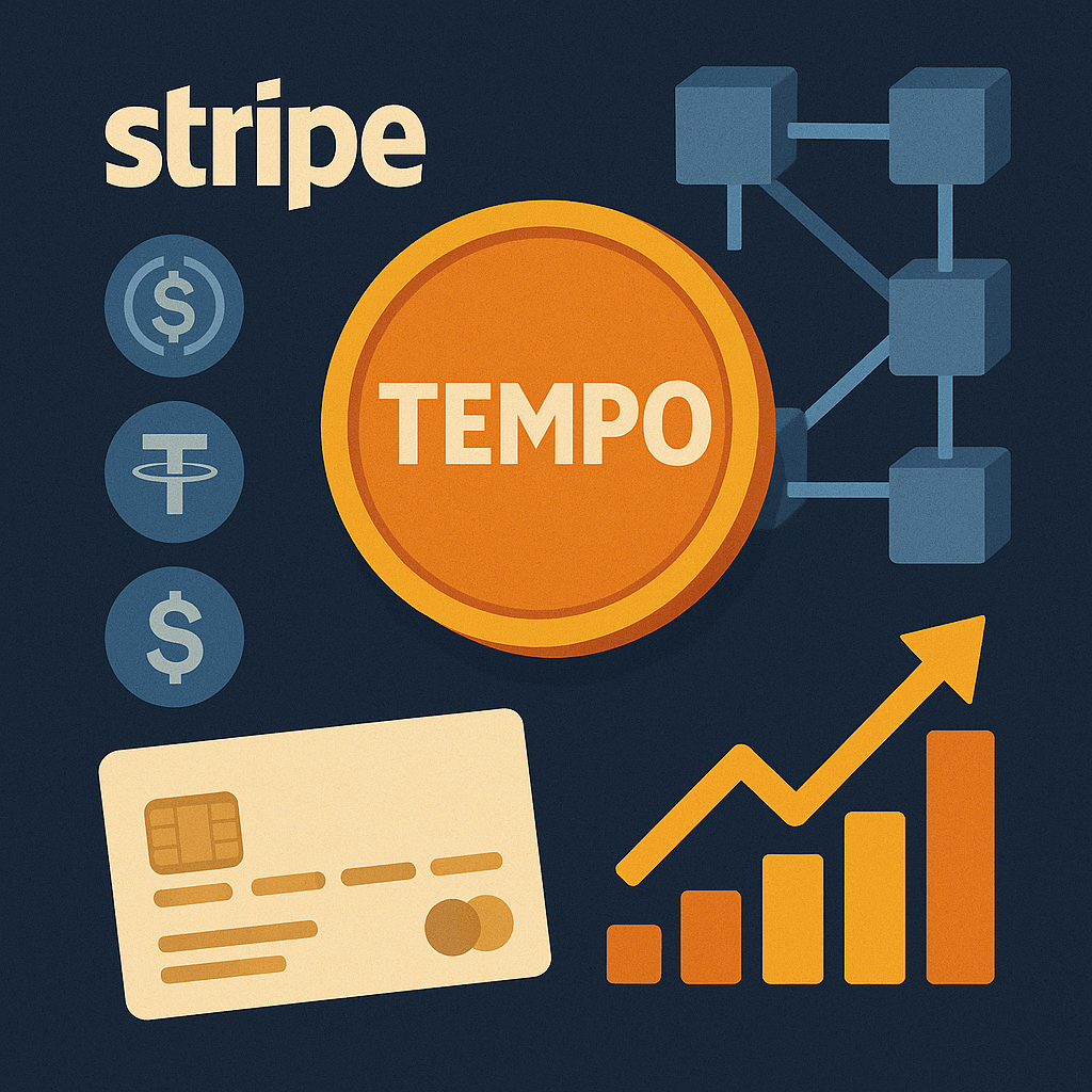 Иллюстрация передаёт идею нового блокчейна Tempo от Stripe — динамичная сеть блоков, финансовые символы и стрелка роста символизируют высокую скорость транзакций и поддержку стейблкоинов.