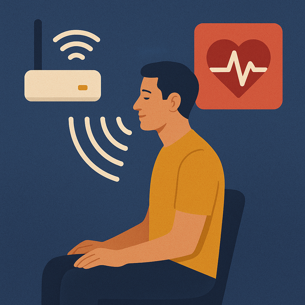 Иллюстрация показывает, как Wi-Fi-сигналы используются для измерения сердечного ритма человека без датчиков — маршрутизатор направляет волны на сидящего человека, а рядом отображается символ сердца с пульсом.