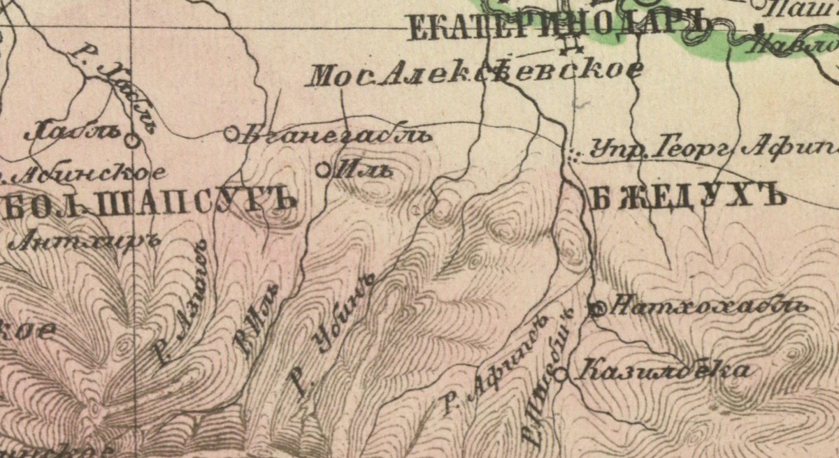 Река Афипс на карте 1858 года