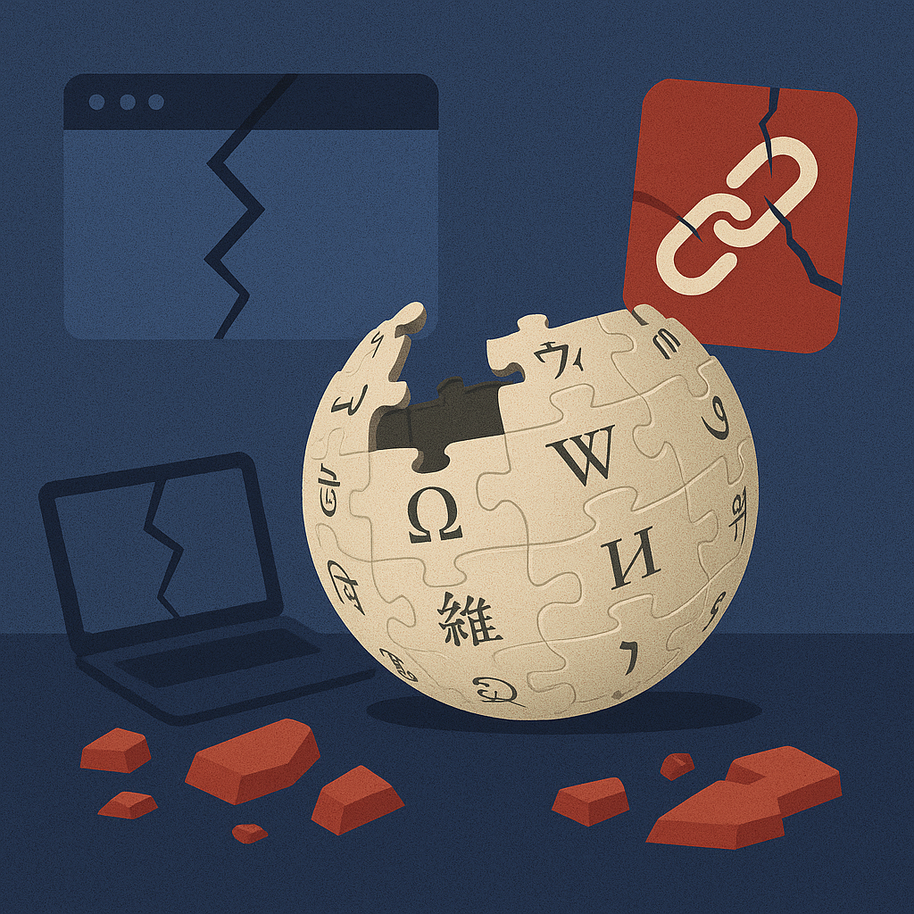 Иллюстрация показывает символ Википедии в виде целостного шара-головоломки на фоне разрушающихся цифровых элементов, подчёркивая её устойчивость, пока остальной интернет «ломается».