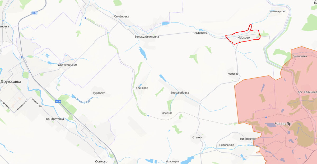 Красным контуром - село Марково, розовым - подтверждённая на данный момент зона контроля ВС РФ.