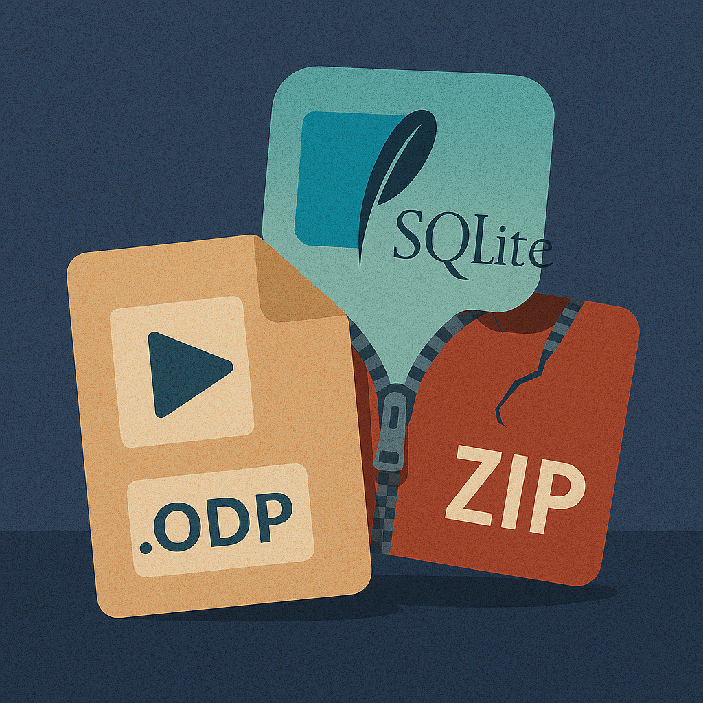 Иллюстрация показывает выбор между традиционным ZIP-контейнером и возможностью использования SQLite для формата OpenDocument, подчёркивая идею более быстрого и надёжного хранения данных.