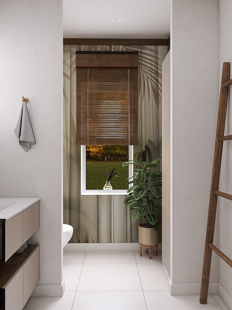 Бамбуковые жалюзи мягко рассеивают свет, а живое растение усиливает ощущение природной атмосферы — пространство начинает напоминать тропический уголок.