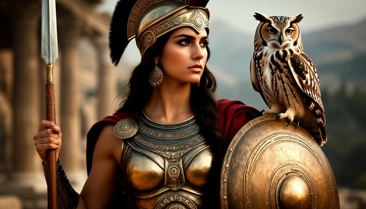 Богиня Афина во всеоружии, и сова - птица, облик которой могла принимать сама богиня