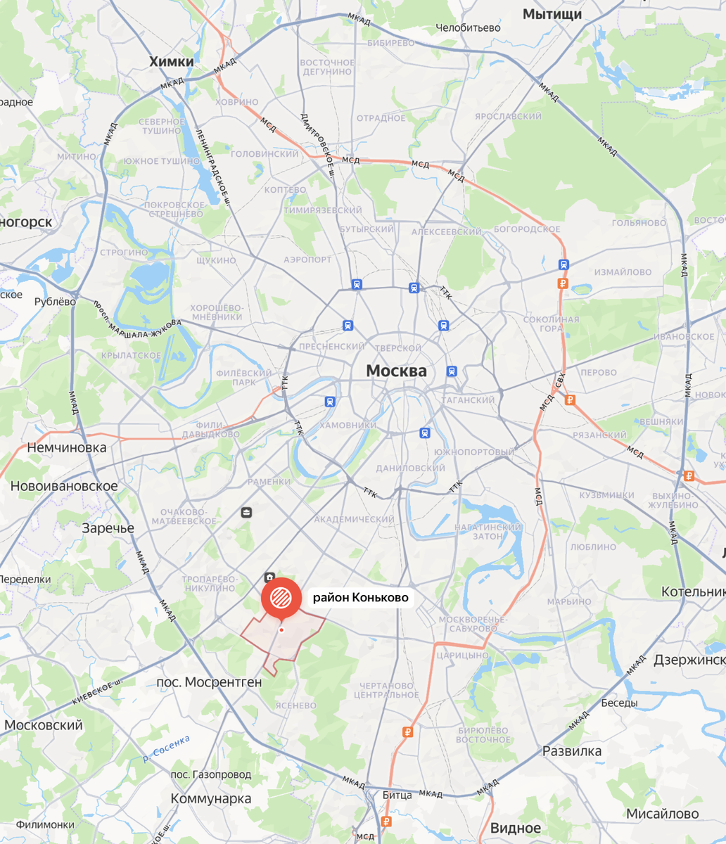 Границы района Коньково на карте Москвы