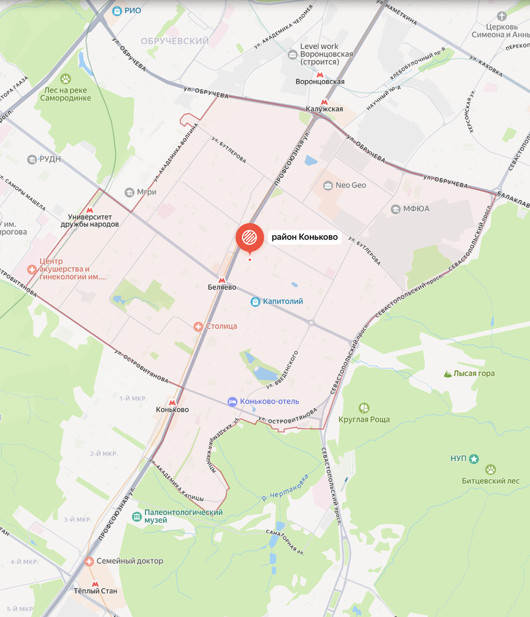 Границы района Коньково на карте Москвы