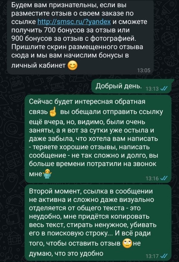 Скрин переписки с компанией, желающей получить отзыв. Нет, они меня не послали и поблагодарили за такие комментарии)