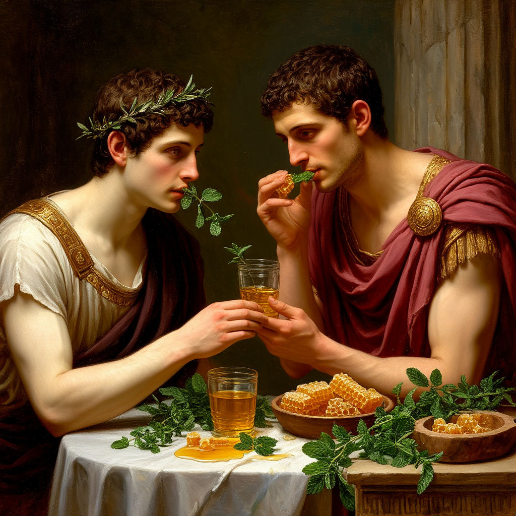 На пиру у Бахуса
два гражданина Рима
лихо в экстатическую вакханалию впав
мяту-мёд жевав...