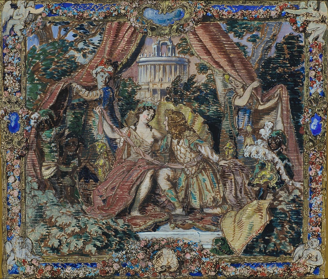 Александр Бенуа. Эскиз гобелена 1-й картины балета Н.Н. Черепнина «Павильон Армиды». 1907. Тонированная бумага на картоне, гуашь, графитный карандаш, галловые чернила, кисть, перо.
Государственная Третьяковская галерея