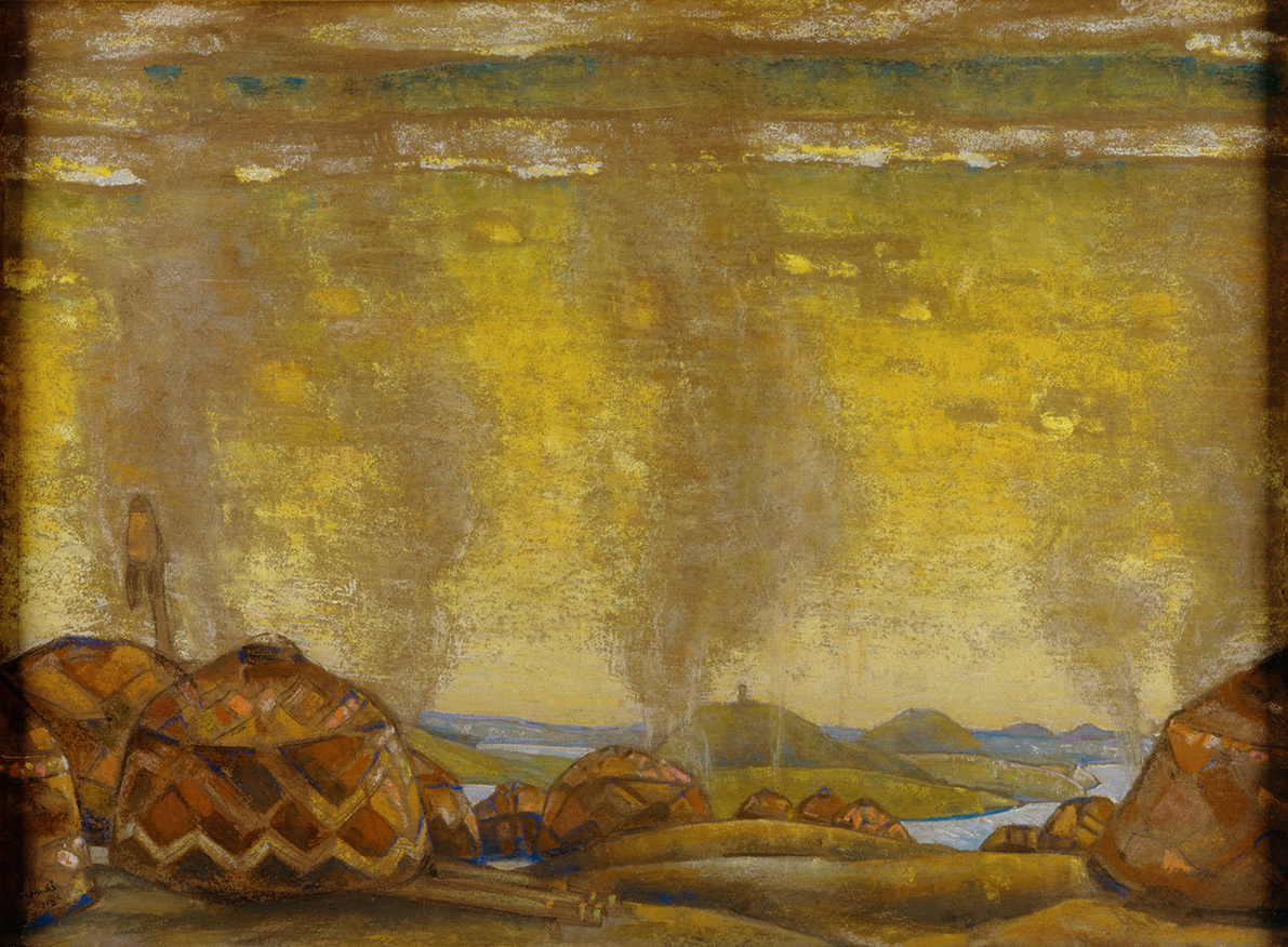 Николай Рерих. Половецкий стан. Эскиз декорации к опере А.П. Бородина «Князь Игорь». 1908. Бумага на картоне, пастель.
Государственная Третьяковская галерея