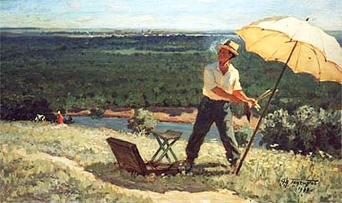 Григорий Гончаров. На этюдах. 1957. Картон, масло. 43 х 70 / Автор работы – воронежский художник Григорий Андреевич Гончаров (1913-2001)