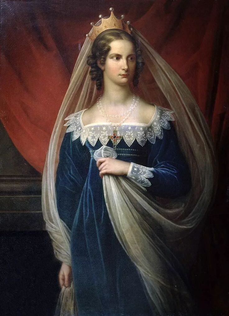 Александра Фёдоровна в платье с ещё ампирной талией, но уже из неампирного бархата.