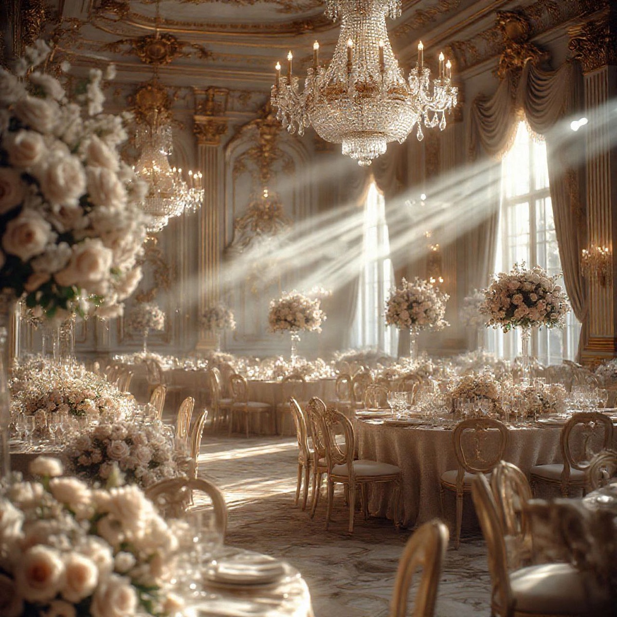 Дорогой банкетный зал с хрустальными люстрами.
