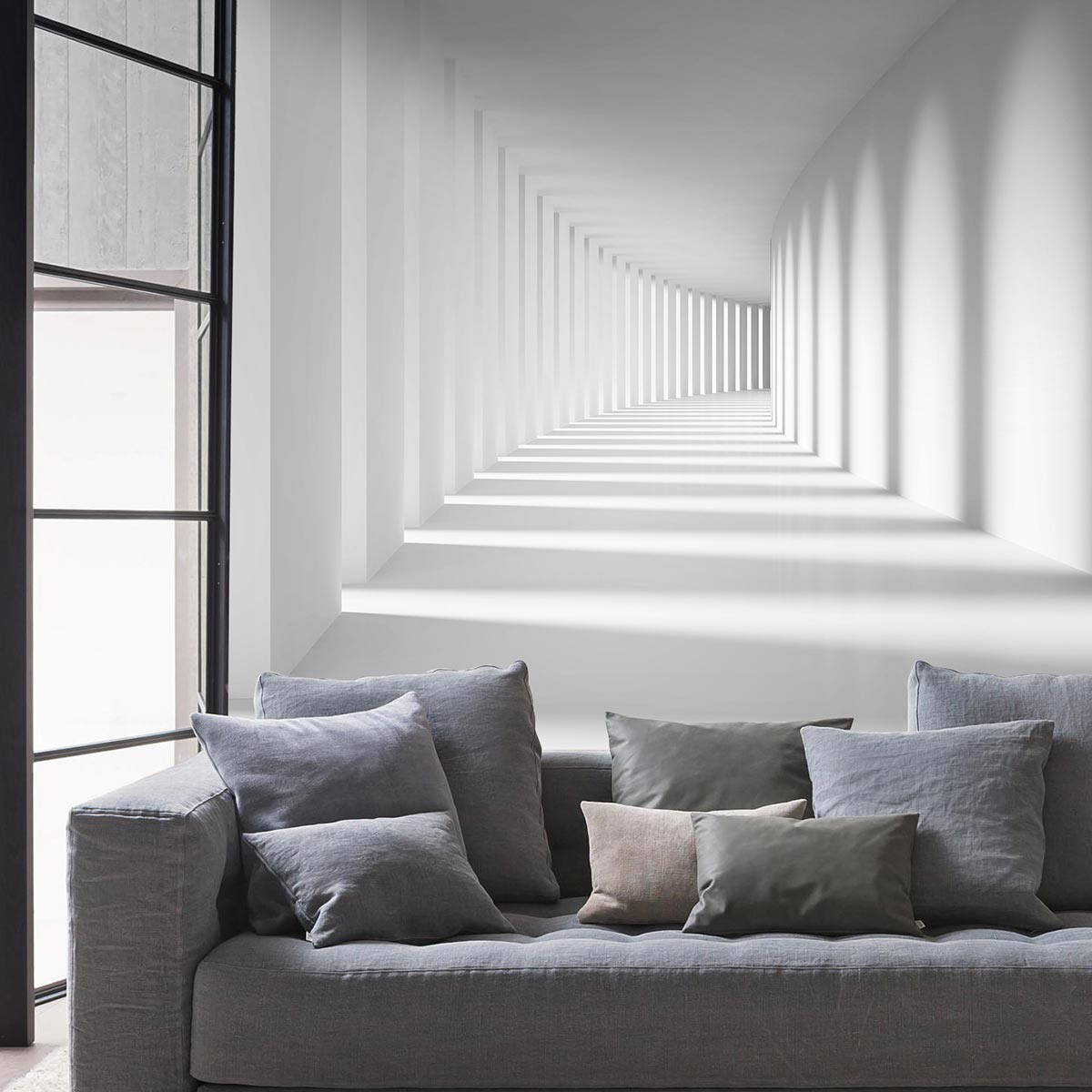 Интерьер с панорамными окнами и отделкой стен флизелиновыми фотообоями VEROL. Артикул на WB: 109786225.