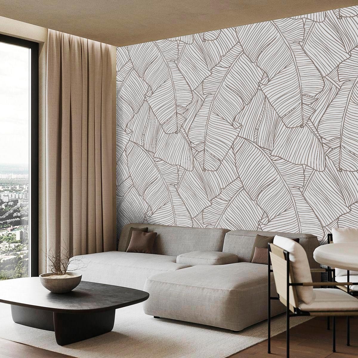 Пример интерьера с плотным портьерным текстилем и отделкой стен флизелиновыми фотообоями VEROL. Артикул на WB: 245180806.