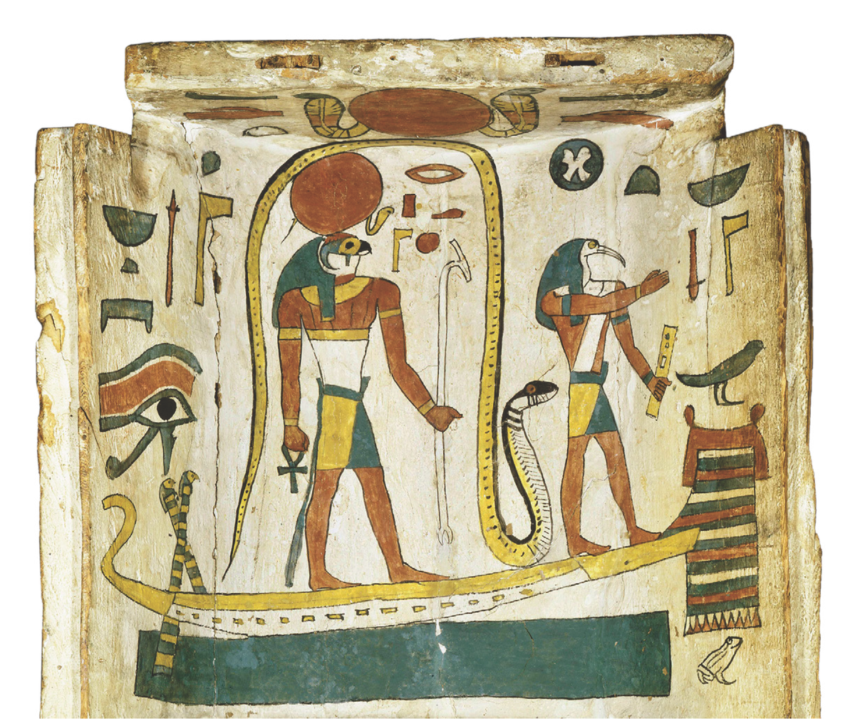 Ра в его лодке
Ра, божество солнца и священного пламени, ежедневно совершал свое путешествие по небу на священном судне. Он боролся с силами тьмы, неся тепло и свет, двигаясь с востока на запад. На закате он превращался в Атума, заходящее солнце, и погружался под землю, где, как верили, продолжал свой путь в обратном направлении. Обычно Ра изображали как человека с головой сокола, увенчанной солнечным диском, чаще всего красным, иногда желтым. На данном изображении он предстает перед Тотом, богом луны, чья голова имеет облик ибиса.
Нарисованный деревянный фрагмент из шкатулки Тачепенхонсу, игрок в систрум, связанный с культом, посвящённым богу солнца Ра, ок. 700 - 600 до н. Париж, Музей Лувра, Департамент антиквариата.