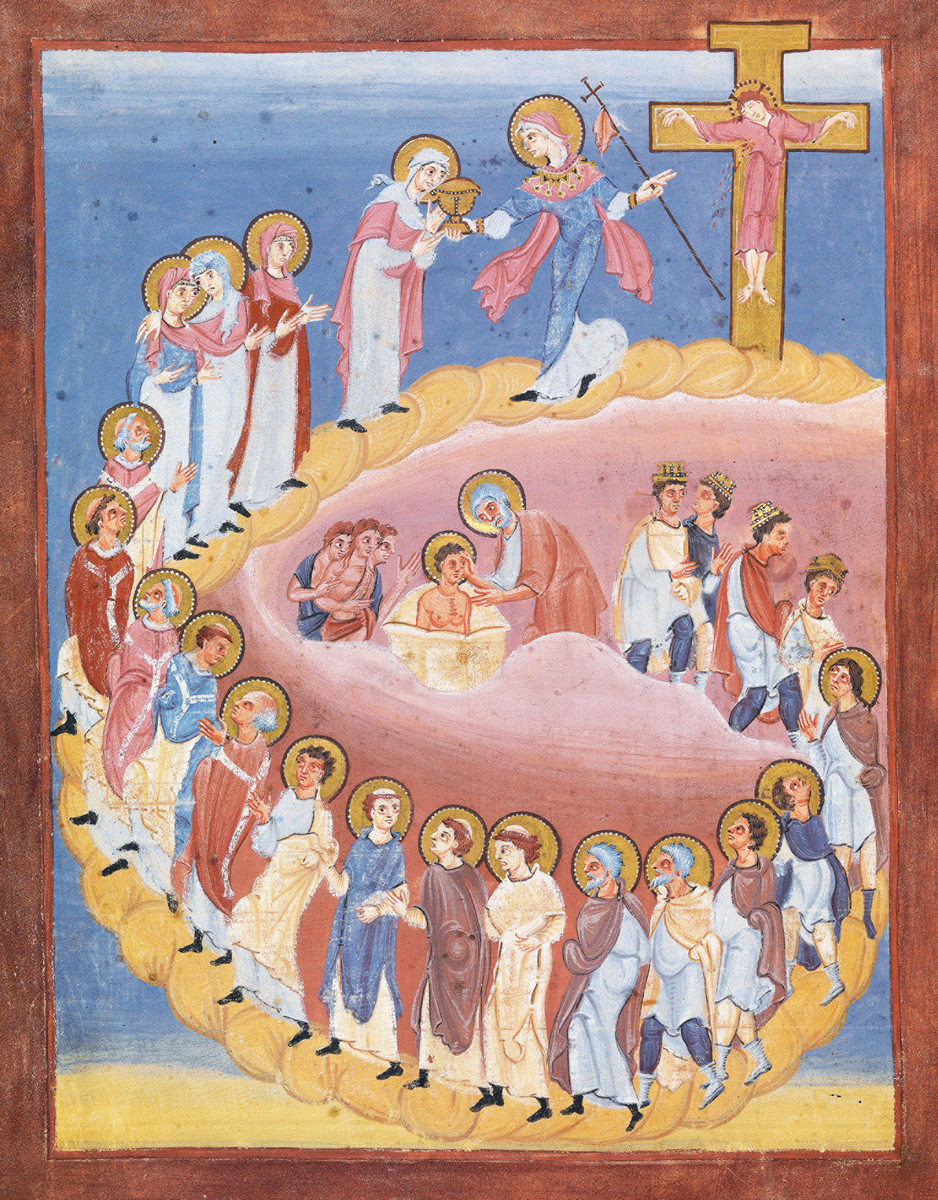 Путь избранных
Подобно Распятию из Рейхенау, представленному в Кодексе Эгберти, эта богатая рукопись также активно использует розовый цвет для одеяний божественных персонажей, знати и избранных. Неясно, является ли эта цветовая особенность, характерная для ряда рукописей из этого престижного скриптория, эстетическим предпочтением, художественным стилем или же представляет собой подлинный иконографический код.
Комментарии к Ветхому Завету, Рейхенау, ок. 1000. Staatsbibliothek, Бамберг (Германия), Msc. Библ. 22, лист 4.