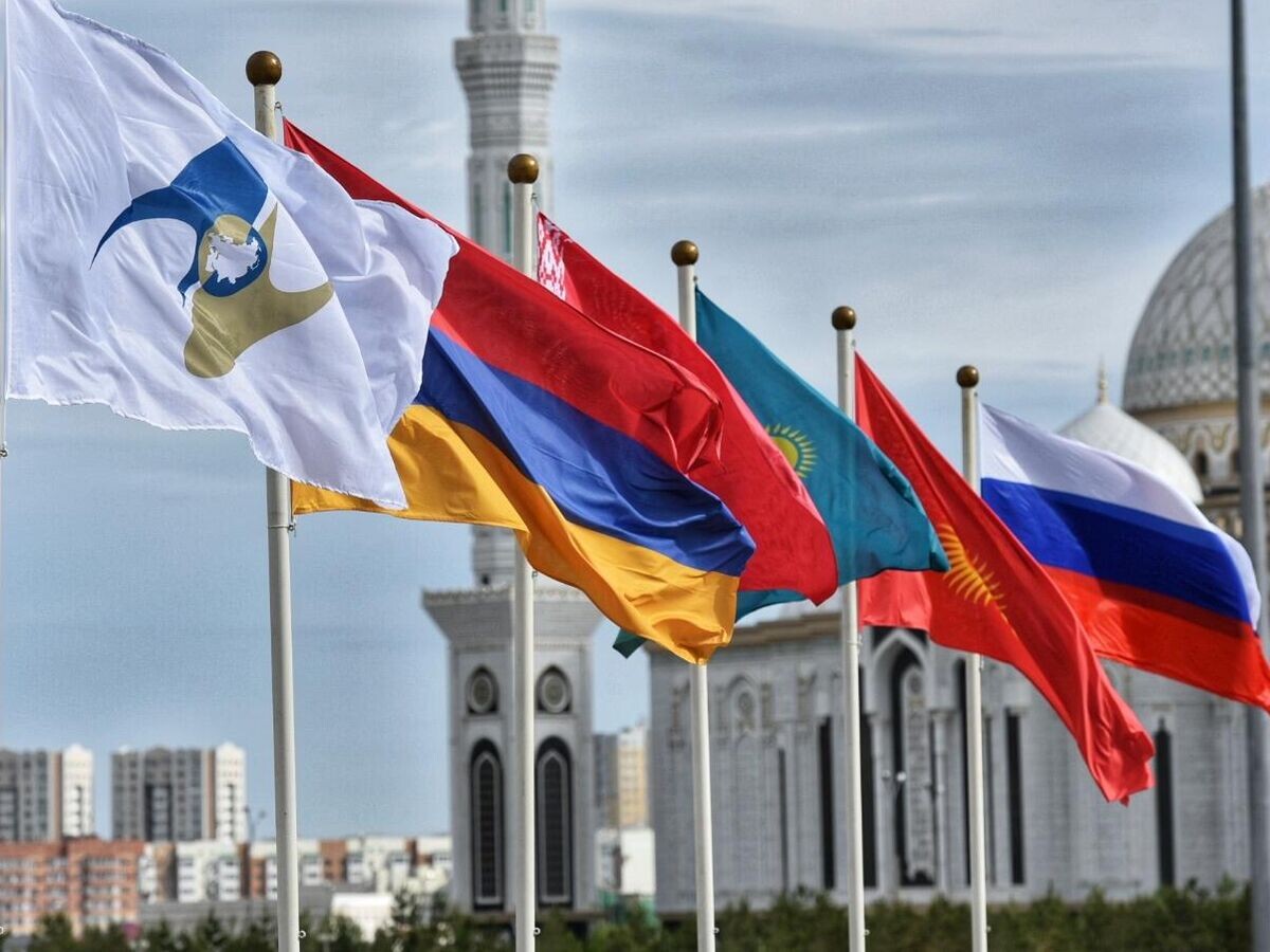    Флаги России, Киргизии, Казахстана, Белоруссии, Армении, а также с символикой Евразийского экономического союза (ЕАЭС) © Sputnik / Владислав Воднев