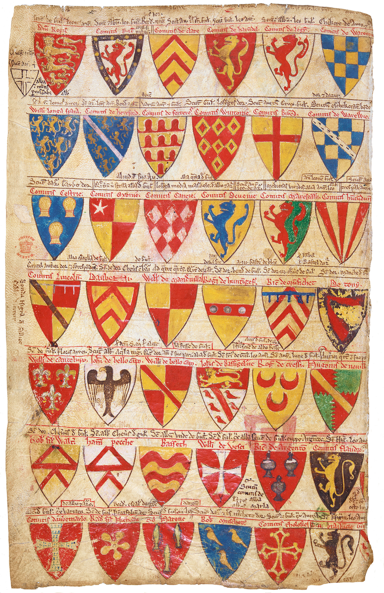 
Страница из гербов Chronica majora от Matthew Paris, ок. 1250. Британская библиотека, Лондон, MS Cotton, Nero D I folio 171 verso.