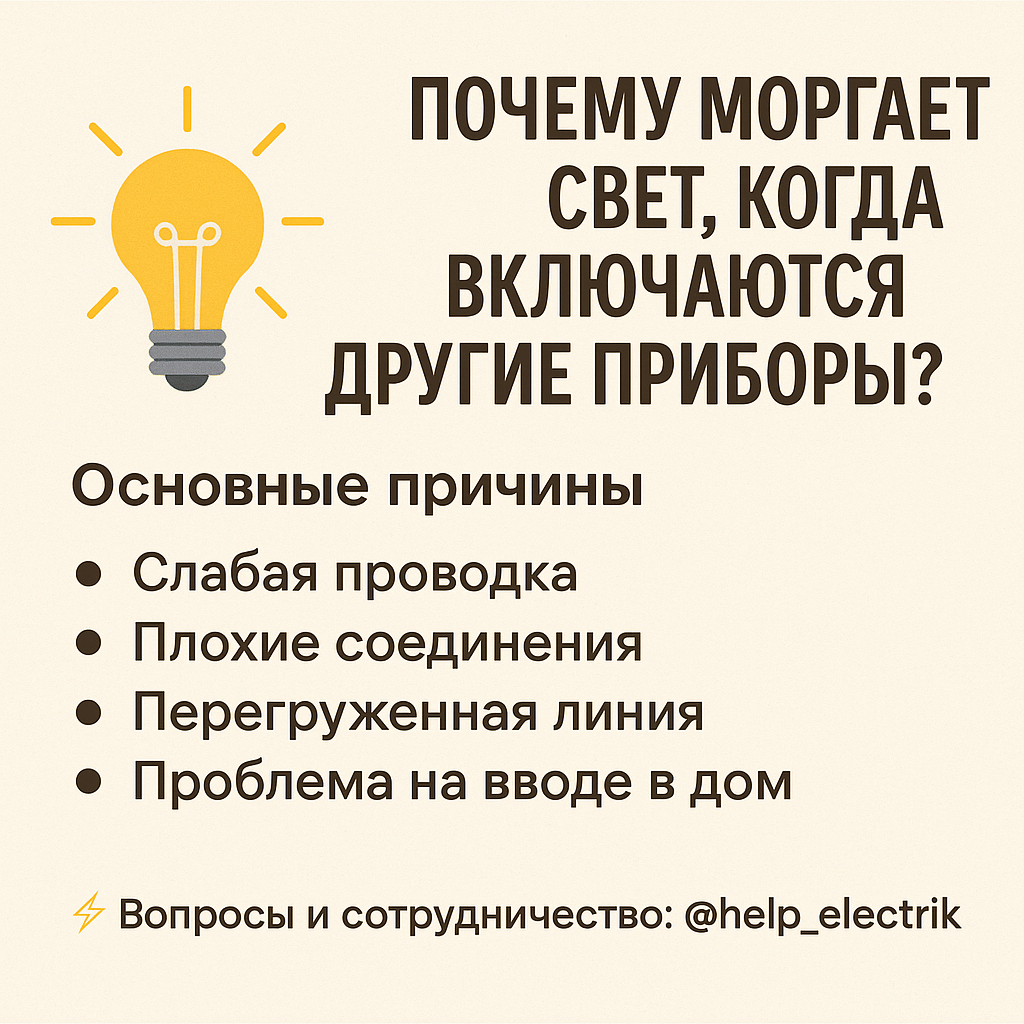 Иногда при включении чайника, микроволновки или обогревателя в доме начинают мигать лампочки. Это не просто неудобство — это сигнал о проблемах с электропроводкой.


---

Основные причины

1. Слабая проводка

Если провода старые или тонкие, они не справляются с нагрузкой.

При включении мощного прибора напряжение на других линиях падает → свет моргает или тускнеет.


2. Плохие соединения

Ослабленные скрутки в распределительных коробках или розетках вызывают перепады напряжения и искрение.

3. Перегруженная линия

На одну группу розеток подключено слишком много приборов.

4. Проблема на вводе в дом

Иногда причина не у вас, а в общем стояке или на подстанции.


---

Чем это опасно?

Лампочки и техника быстрее выходят из строя.

Перегретые провода могут вызвать пожар.

Высокий риск скачков напряжения и поломки электроники.



---

Что делать?

1. Проверить, какие приборы включены на одной линии.


2. Осмотреть розетки и коробки на наличие нагрева и запаха гари.


3. Установить стабилизатор напряжения для чувствительной техники.


4. Вызвать электрика для проверки состояния проводки и щитка.




---

✅ Вывод: моргание света — это явный признак того, что электросеть работает неправильно. Лучше сразу найти и устранить причину, пока не произошло короткое замыкание.

⚡ Вопросы и сотрудничество: @help_electrik