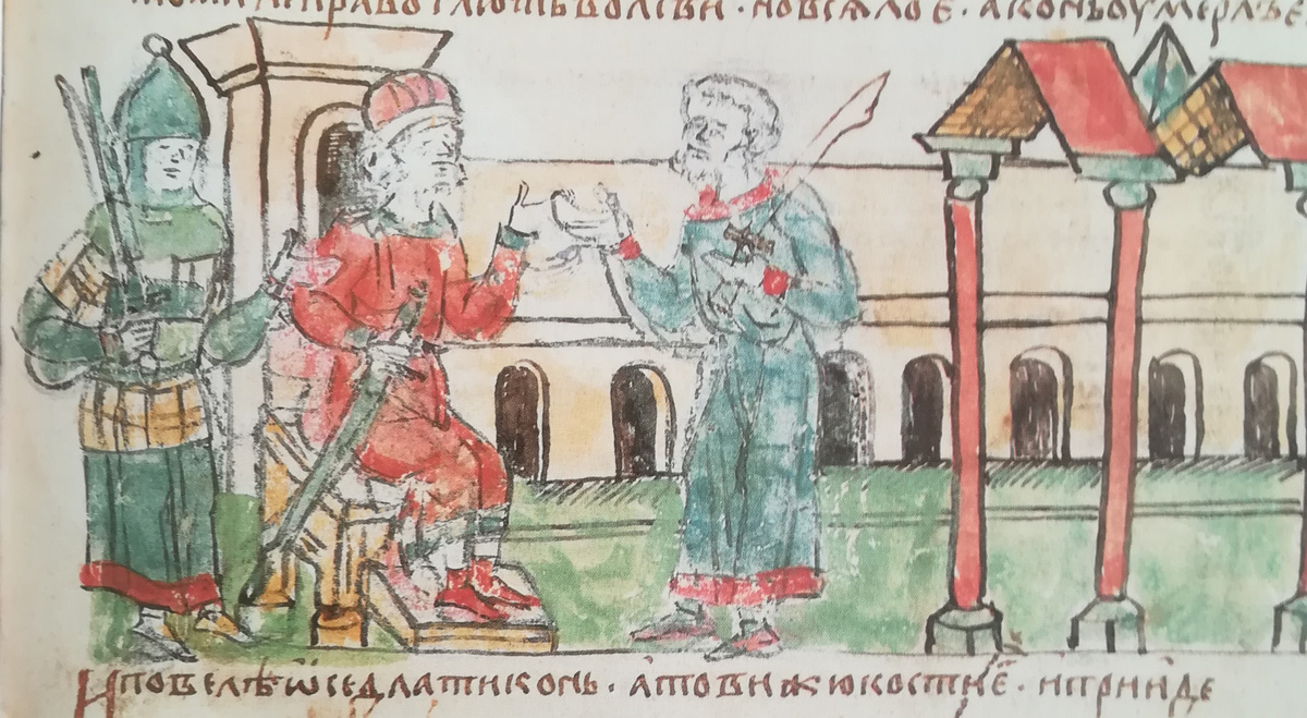 Беседа Олега с конюхом о своем любимом коне. Миниатюра из Радзивиловской летописи.